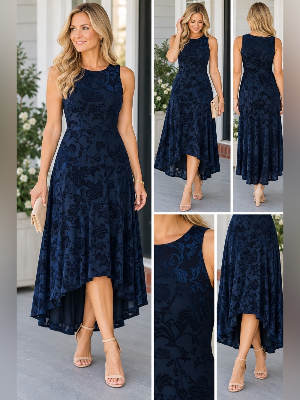 Vince Camuto Blue Burnout Velvet Midi Dress Women's Size 10 Elegant Semi Formal